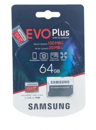 Samsung   microSDXC EVO Plus UHS-I (U1) 64 GB, : 100 MB/s, : 20 MB/s,   SD