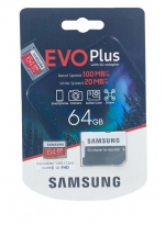 Samsung Карта памяти microSDXC EVO Plus UHS-I (U1) 64 GB, чтение: 100 MB/s, запись: 20 MB/s, адаптер на SD